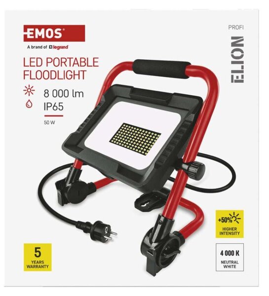 EMOS LED reflektor ELION 50W, červeno-černý, IP65, 8000 lm, neutrální bílá