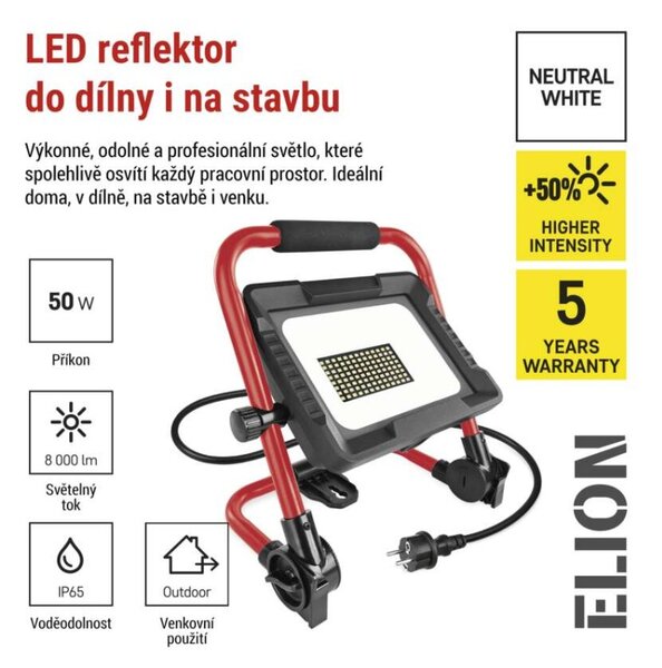EMOS LED reflektor ELION 50W, červeno-černý, IP65, 8000 lm, neutrální bílá