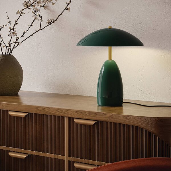 Elstead LED stolní lampa Poppy, zelená, výška 35 cm, kovová, stmívatelná, stmívatelný, Zelená, Obývací pokoj / jídelna, Hliník, Vintage