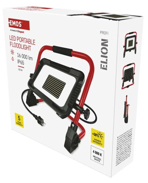 EMOS LED reflektor ELION 100W, červeno-černý, IP65, 16 000 lm, neutrální bílá