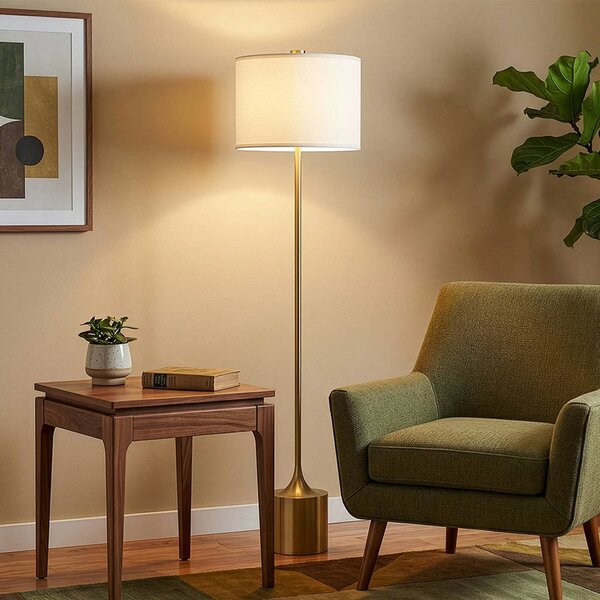 Elstead Stojací lampa Issa, slonovinová/zlatá, 156 cm, plátno/kov, Krémová / jantar, Obývací pokoj / jídelna, Hliník, Vintage