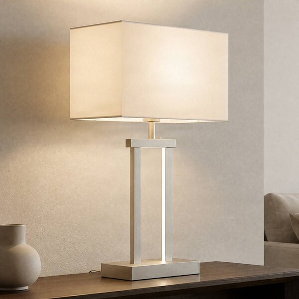 Lindby Stolní lampa Sigurd, bílá, látka, výška 54 cm, E27, stmívatelný, Hliník / šedá / zinek, Obývací pokoj / jídelna, Textil / tkanina / hedvábí, Moderní