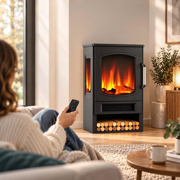 Relaxdays Elektrický krb, efekt plamene, topení, 2 úrovně výkonu, 900/1800 W, termostat, časovač, rozměry (výška x šířka x hloubka): 75 x 44 x 35 cm, černá barva