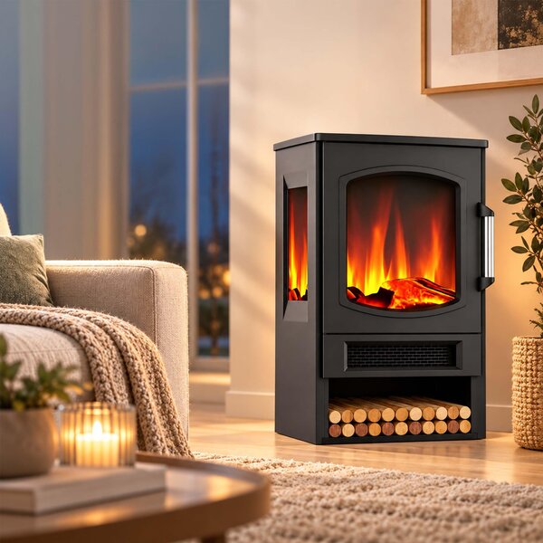 Relaxdays Elektrický krb, efekt plamene, topení, 2 úrovně výkonu, 900/1800 W, termostat, časovač, rozměry (výška x šířka x hloubka): 75 x 44 x 35 cm, černá barva
