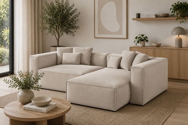 -25 % Dny MOMENTI– Cosmopolitan Design Světle béžová sametová rohová pohovka Aveiro 254 cm, pravá
