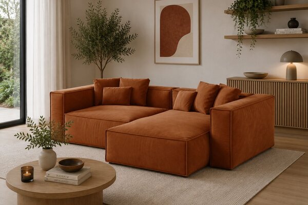 -25 % Dny MOMENTI– Cosmopolitan Design Terakotově oranžová sametová rohová pohovka Aveiro 254 cm, pravá