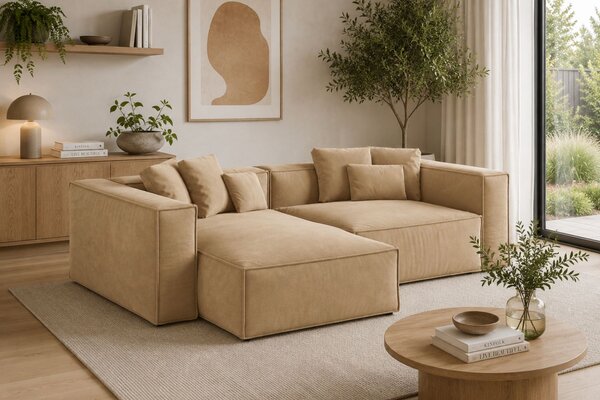 -25 % Dny MOMENTI– Cosmopolitan Design Béžová sametová rohová pohovka Aveiro 254 cm, levá