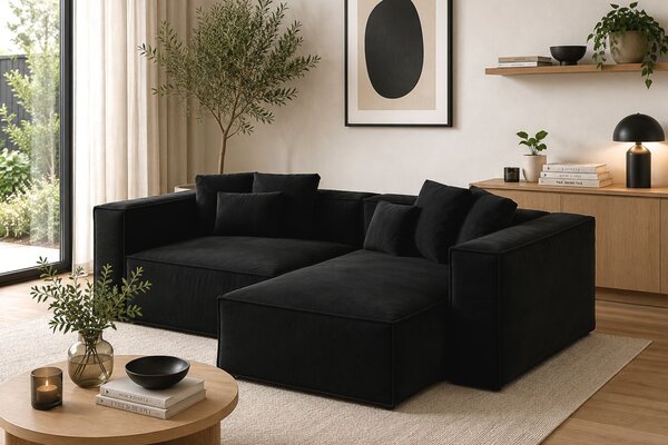 -25 % Dny MOMENTI– Cosmopolitan Design Černá sametová rohová pohovka Aveiro 254 cm, pravá