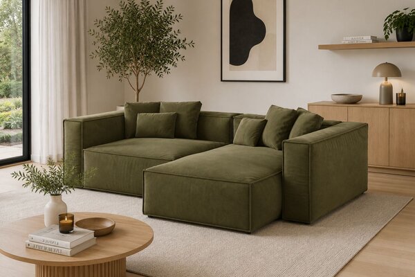 -25 % Dny MOMENTI– Cosmopolitan Design Zelená sametová rohová pohovka Aveiro 254 cm, pravá