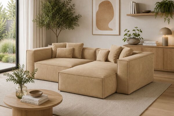 -25 % Dny MOMENTI– Cosmopolitan Design Béžová sametová rohová pohovka Aveiro 254 cm, pravá