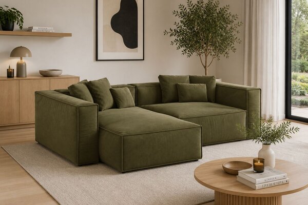 -25 % Dny MOMENTI– Cosmopolitan Design Zelená sametová rohová pohovka Aveiro 254 cm, levá