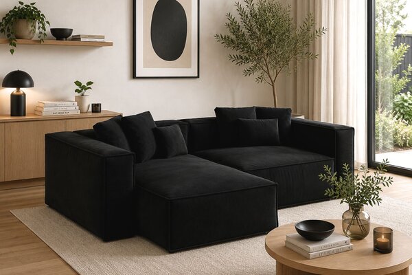 -25 % Dny MOMENTI– Cosmopolitan Design Černá sametová rohová pohovka Aveiro 254 cm, levá