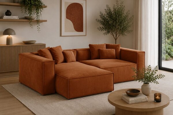 -25 % Dny MOMENTI– Cosmopolitan Design Terakotově oranžová sametová rohová pohovka Aveiro 254 cm, levá