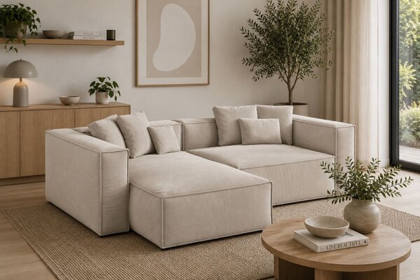 -25 % Dny MOMENTI– Cosmopolitan Design Světle béžová sametová rohová pohovka Aveiro 254 cm, levá