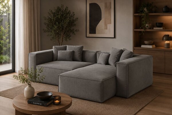 -25 % Dny MOMENTI– Cosmopolitan Design Šedá sametová rohová pohovka Aveiro 254 cm, pravá