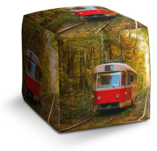 Sablio Taburet Cube Červená tramvaj v lese - 40x40x40 cm