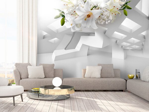 Fototapeta Abstraktní miráž v bílé - prostorová kompozice s bílými lilii