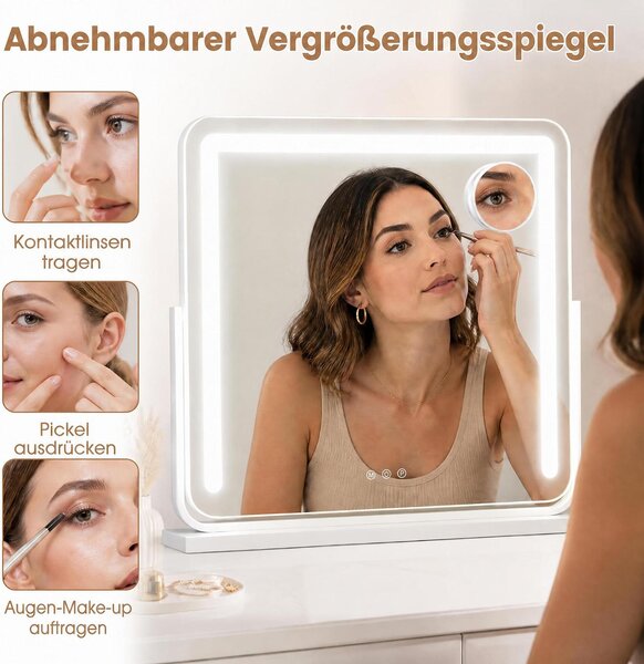Kosmetické zrcadlo COSTWAY s osvětlením, make-up zrcadlo o rozměrech 57x48 cm s 3 barvami, 10x zvětšením a dotykovým ovládáním, Hollywood zrcadlo s regulovatelným jasem a otočnou funkcí