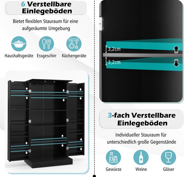 COSTWAY 120,5 cm vysoká kuchyňská skříňka, volně stojící bufetová skříňka, příborník se 2 dvířky a ochranou proti překlopení, moderní spížní skříňka černá
