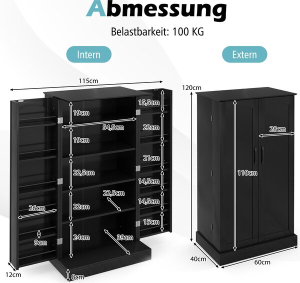 COSTWAY 120,5 cm vysoká kuchyňská skříňka, volně stojící bufetová skříňka, příborník se 2 dvířky a ochranou proti překlopení, moderní spížní skříňka černá