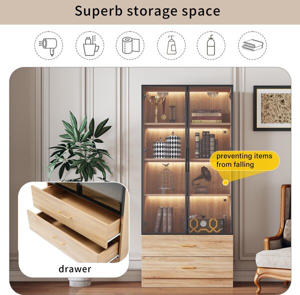 Koupelnová skříňka šířky 75 cm s LED osvětlením, 2 skleněnými dvířky a 2 zásuvkami, výška 170 cm, vyrobená z MDF v hnědé barvě, určená do koupelny