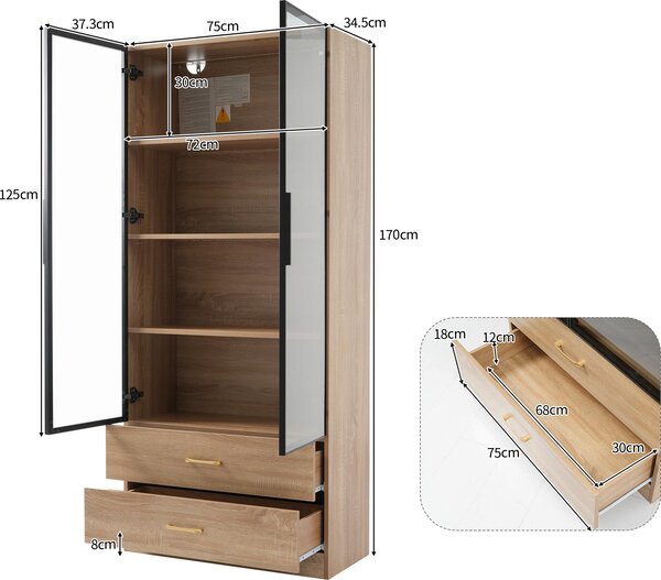 Koupelnová skříňka šířky 75 cm s LED osvětlením, 2 skleněnými dvířky a 2 zásuvkami, výška 170 cm, vyrobená z MDF v hnědé barvě, určená do koupelny