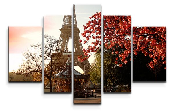 Sablio Obraz - 5-dílný Eiffelova věž a červený strom - 125x90 cm
