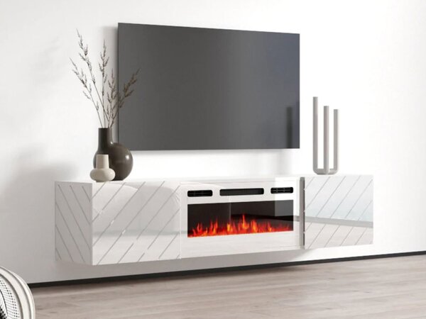 TV skříňka s krbem Pinito, Barva: bílá / bílá lesk + bílá, Krb: bílý 5903211468605