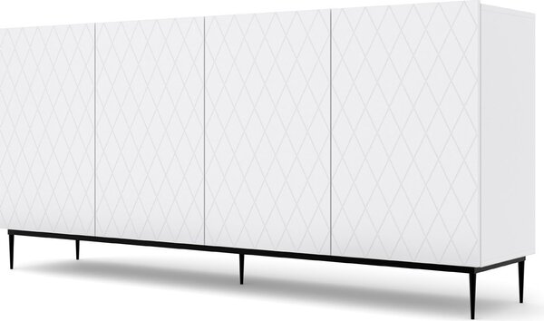 Komoda DIUNA 4D 193 cm se zdobeným čelem 4 dvířka Příborník s rámem, bílý matný