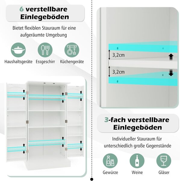COSTWAY 120,5 cm vysoká kuchyňská skříňka, volně stojící bufetová skříňka, příborník se 2 dvířky a ochranou proti překlopení, moderní spížní skříňka bílá