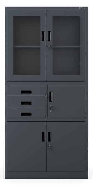 Plechová policová skříň se zásuvkami, vitrínou a trezorem pro důležité věci FILIP, 900 x 1850 x 400 mm, antracitová