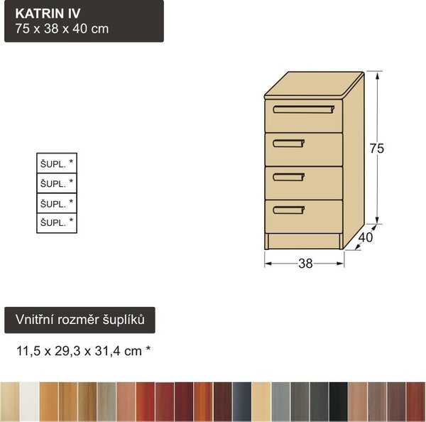 Dřevěná šuplíková komoda masiv KATRIN IV (úzká šuplíková komoda masiv)
