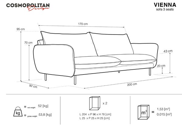 -25 % Dny MOMENTI– Cosmopolitan Design Černá bouclé trojmístná pohovka Vienna 200 cm
