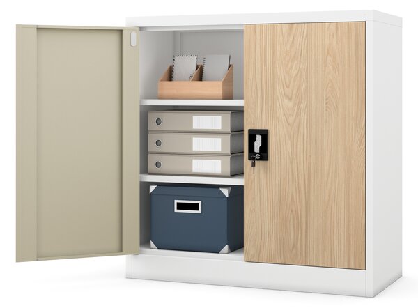 Plechová skřínka s policemi BEATA, 900 x 930 x 400 mm, Eco Design: bílá/ dub sonoma