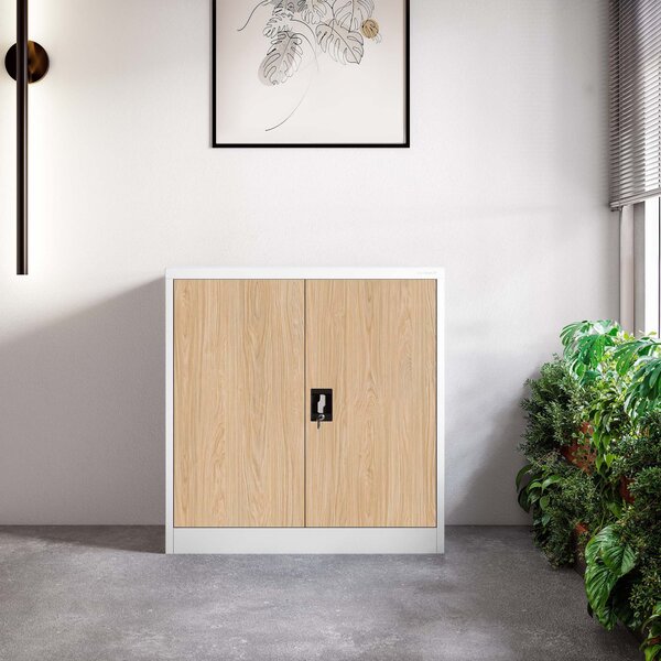 Plechová skřínka s policemi BEATA, 900 x 930 x 400 mm, Eco Design: bílá/ dub sonoma