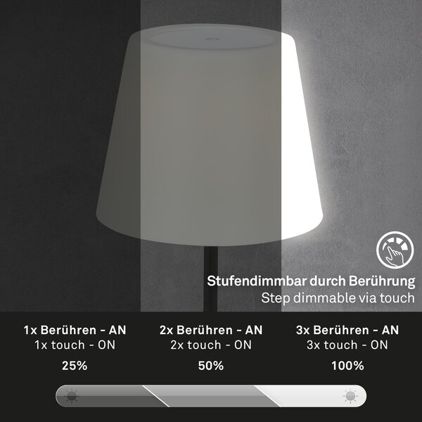 BRILO 7032-415 LED venkovní stolní lampa s dotykovým vypínačem, pr.30 cm, LED modul, 3 W, 340 Lm, černá - BRILO