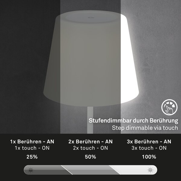 BRILO 7032-416 LED venkovní stolní lampa s dotykovým vypínačem, pr.30 cm, LED modul, 3 W, 340 Lm, bílé - BRILO