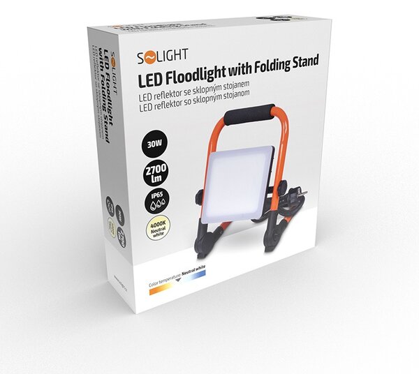 SOLIGHT LED přenosný reflektor 30W/230V/4000K/2700Lm/IP65, sklopný stojan