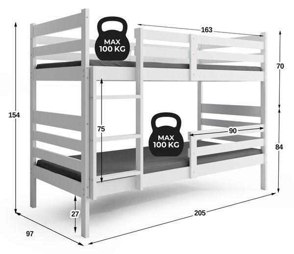 Dětská patrová postel ERYK s matracemi 90x200 cm Bílá