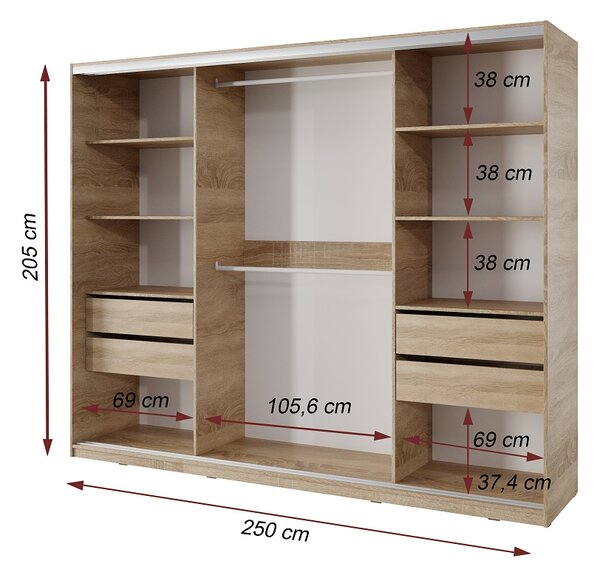 Česká šatní skříň NEJBY BARNABA 250 cm s posuvnými dveřmi,zrcadlem,4 šuplíky a 2 šatními tyčemi,dub sonoma