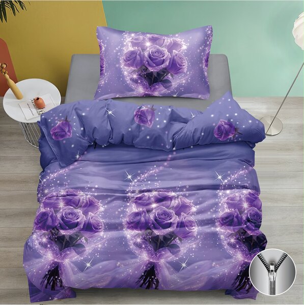 Bavlněné povlečení Fialové kytice růží – 140×200 cm + 70×90 cm, 2dílná sada na zip