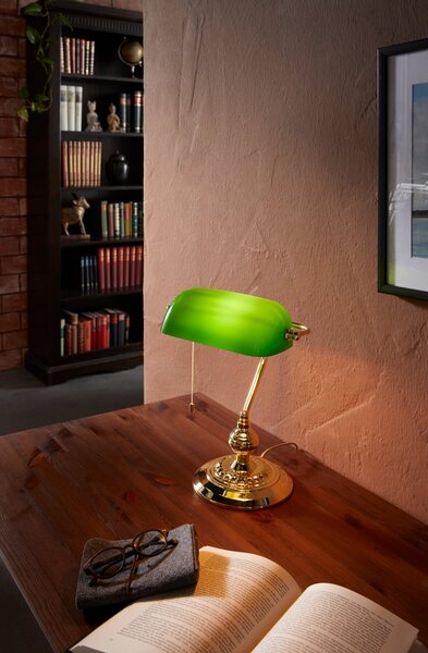Eglo 90967 Banker - Bankéřská mosazná stolní lampa s tahovým vypínačem, zelené stínidlo, 1 x E27 (Bankovní lampička s tahovým vypínačem)