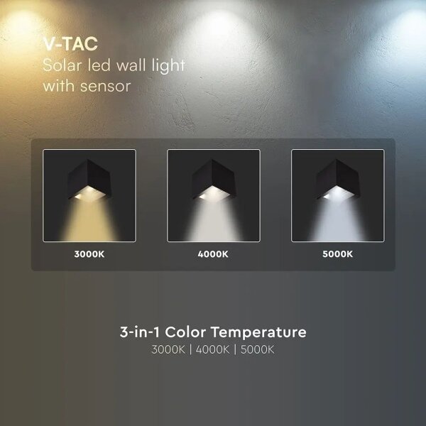 LED Solární nástěnné svít. se sen LED/9W/3,7V 3000/4000/5000K IP65 2600mAh černá