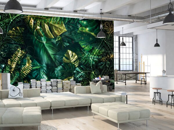 Fototapeta Smaragdová džungle - rostlinný krajina s listy a zlatými vzory
