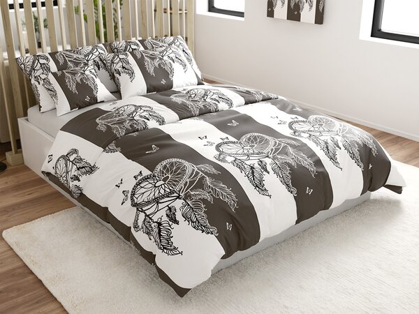 Sada mikroplyšového povlečení TIRSO šedo-bílé + prostěradlo mikroplyš SOFT 90x200 cm bílé, jednolůžko