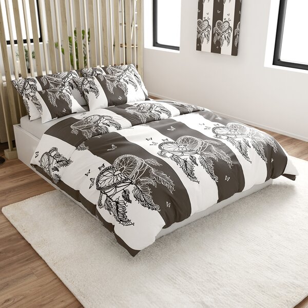 Sada mikroplyšového povlečení TIRSO šedo-bílé + prostěradlo mikroplyš SOFT 90x200 cm bílé, jednolůžko