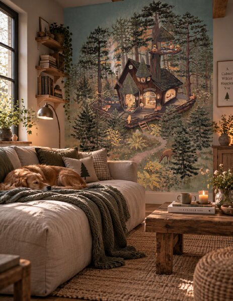 FUGU Designová tapeta Lesní obchůdek – Tiny Woodland Shop Materiál: Digitální eko vlies - klasická tapeta nesamolepicí