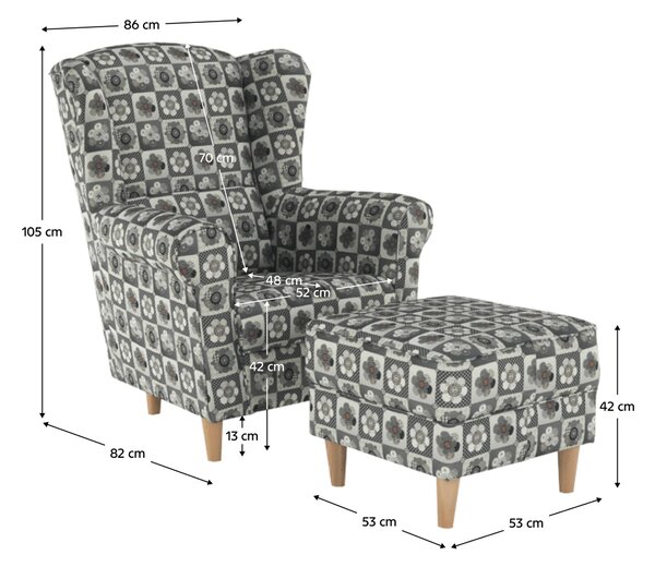 Křeslo ušák s taburetem, látka patchwork N1, ASTRID