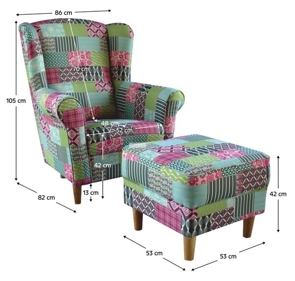 KONDELA Křeslo ušák s taburetem, látka patchwork M1, ASTRID