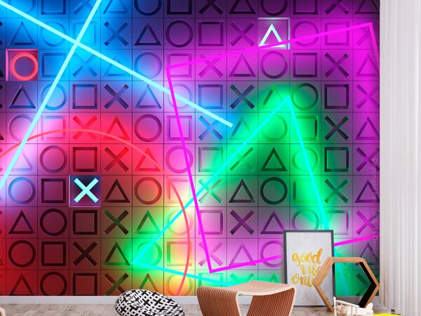 Fototapeta Neonové herní symboly - abstraktní barevné tvary do herního pokoje